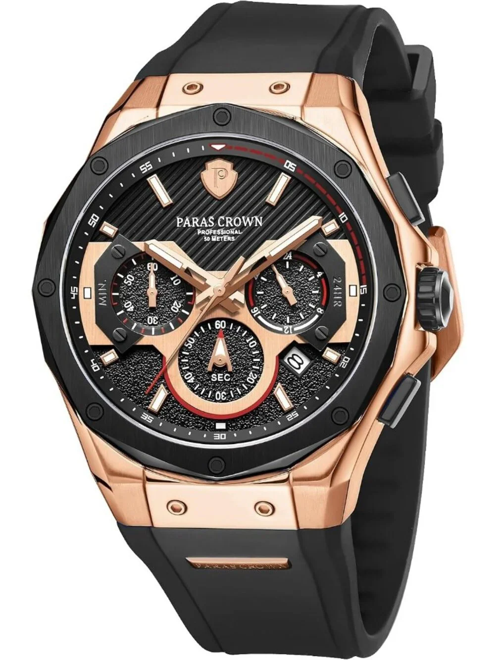 Men's Rose Gold Waterproof Chronograph Silicone Strap Stainless Steel Case Watch